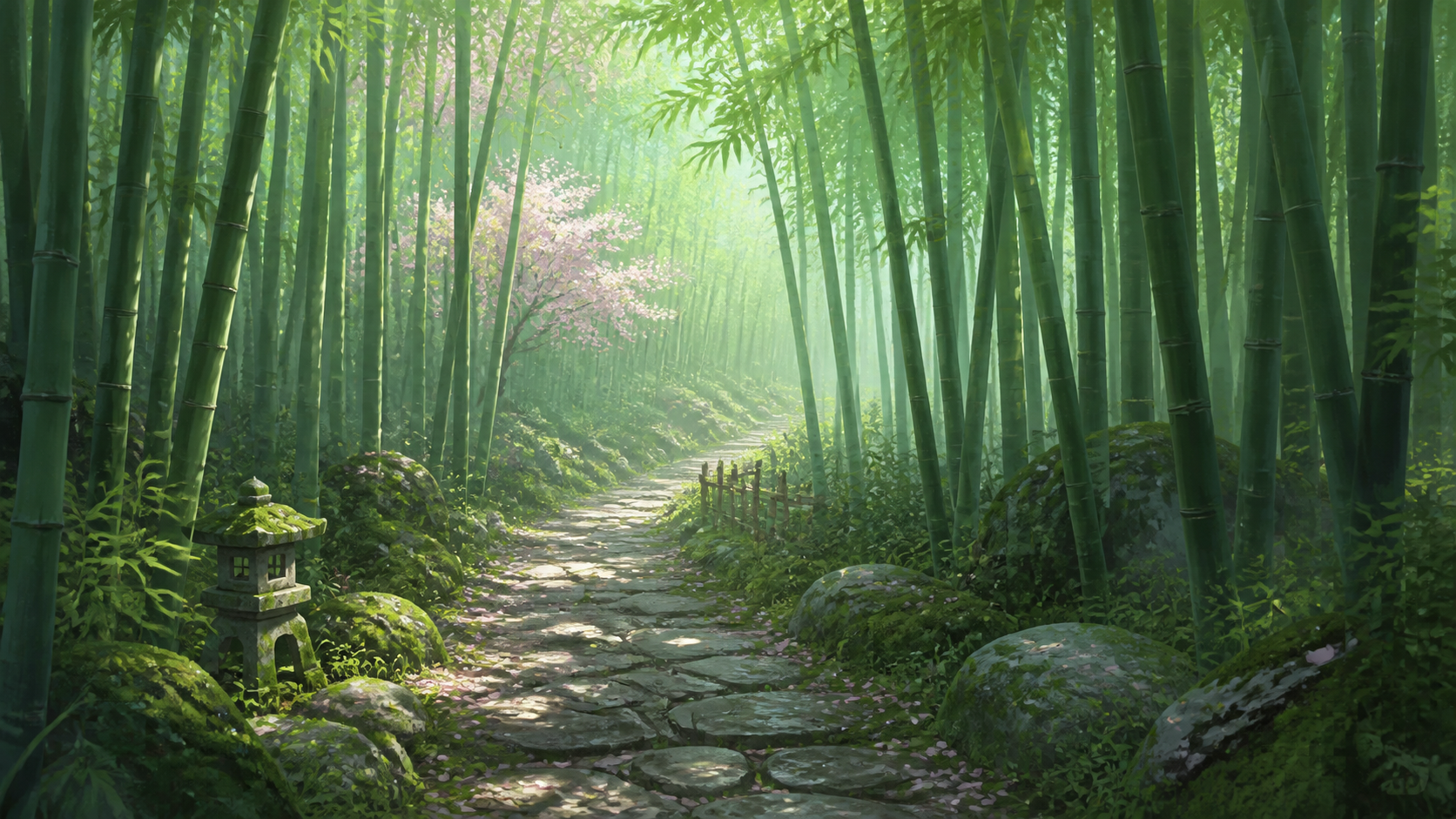 竹林の中を石畳の道が通る春の風景