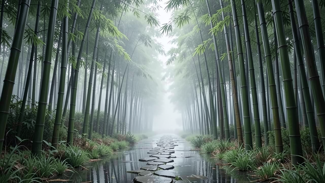 霧の中の竹林小径