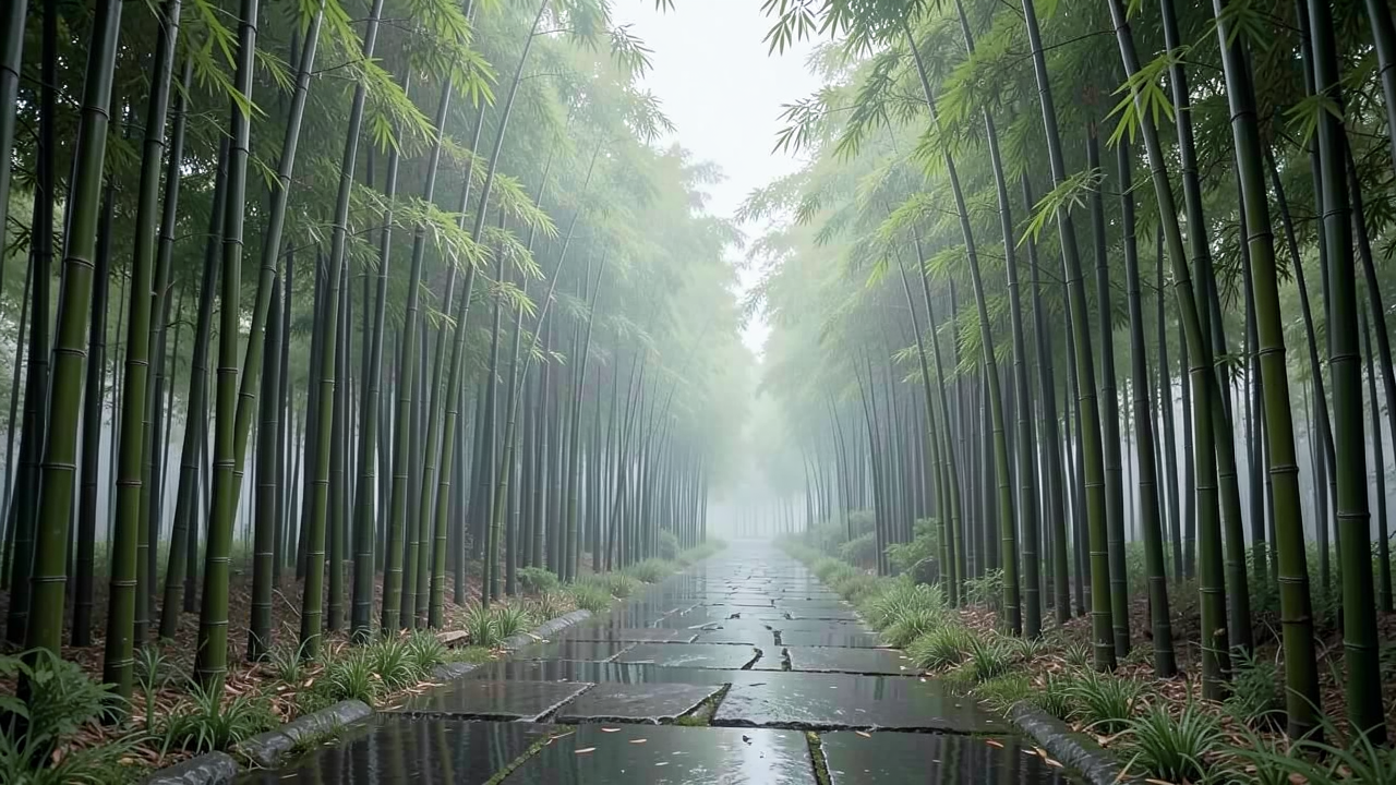 霧に覆われた竹林の道