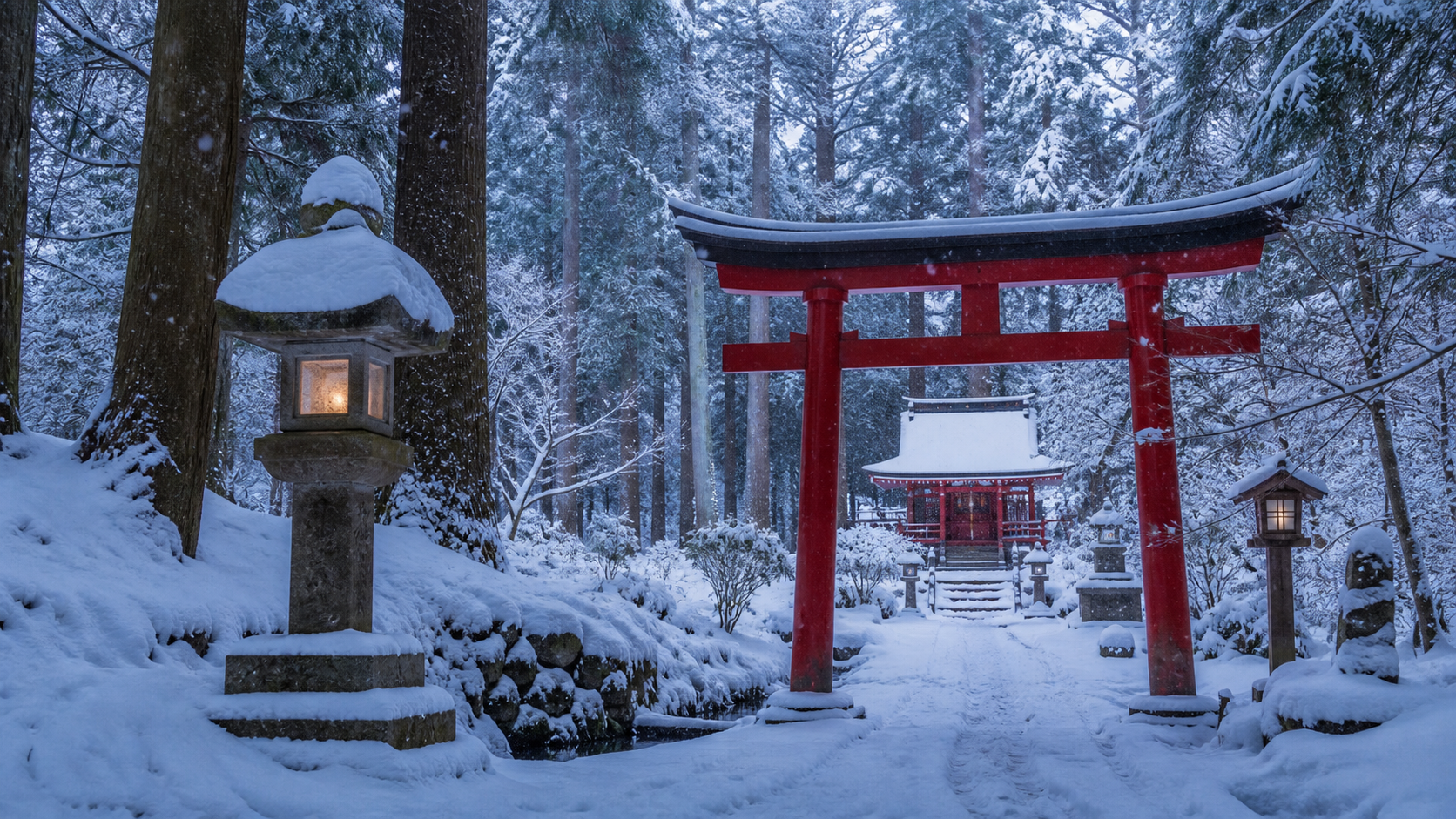 紅い鳥居・雪景色・石灯籠の背景素材