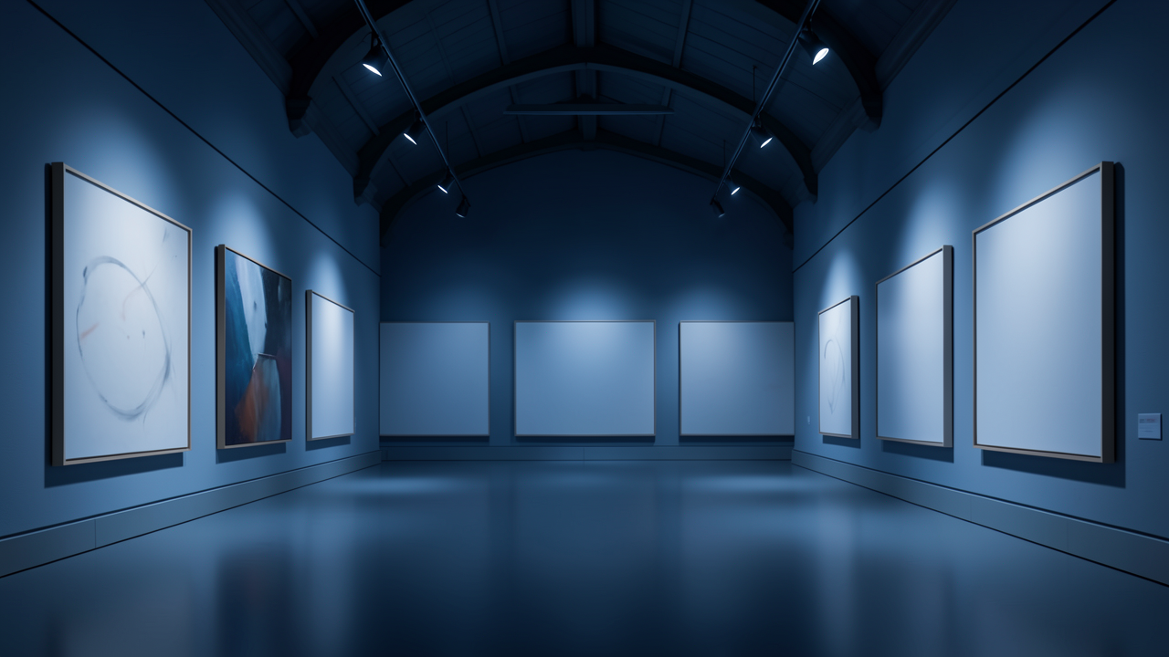 青い照明の美術館展示室