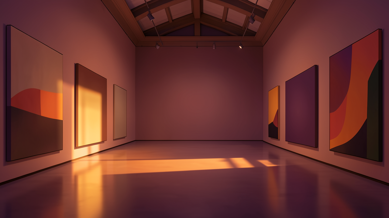 抽象画が並ぶ美術館の展示室