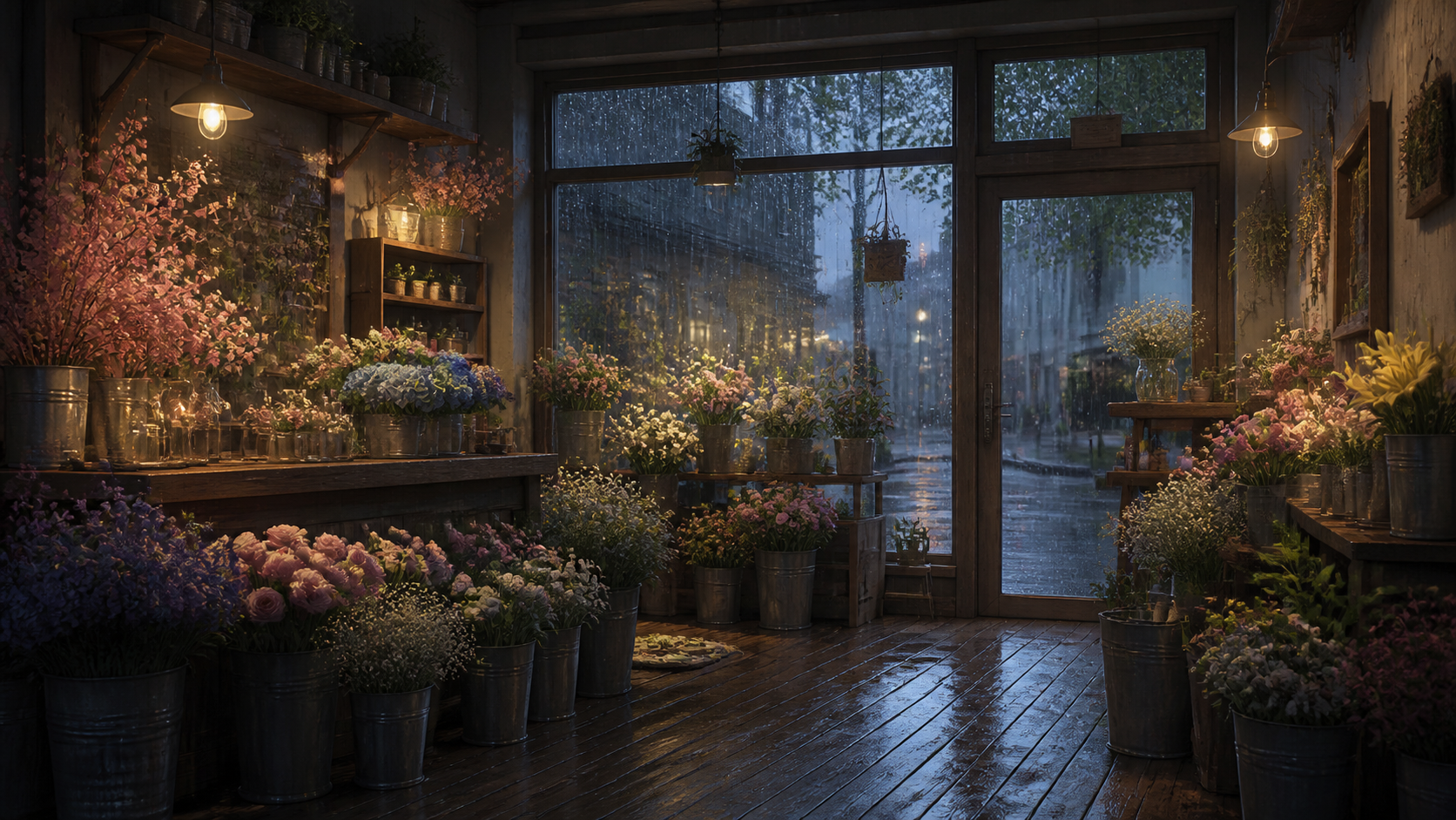 雨が降る花屋の店内
