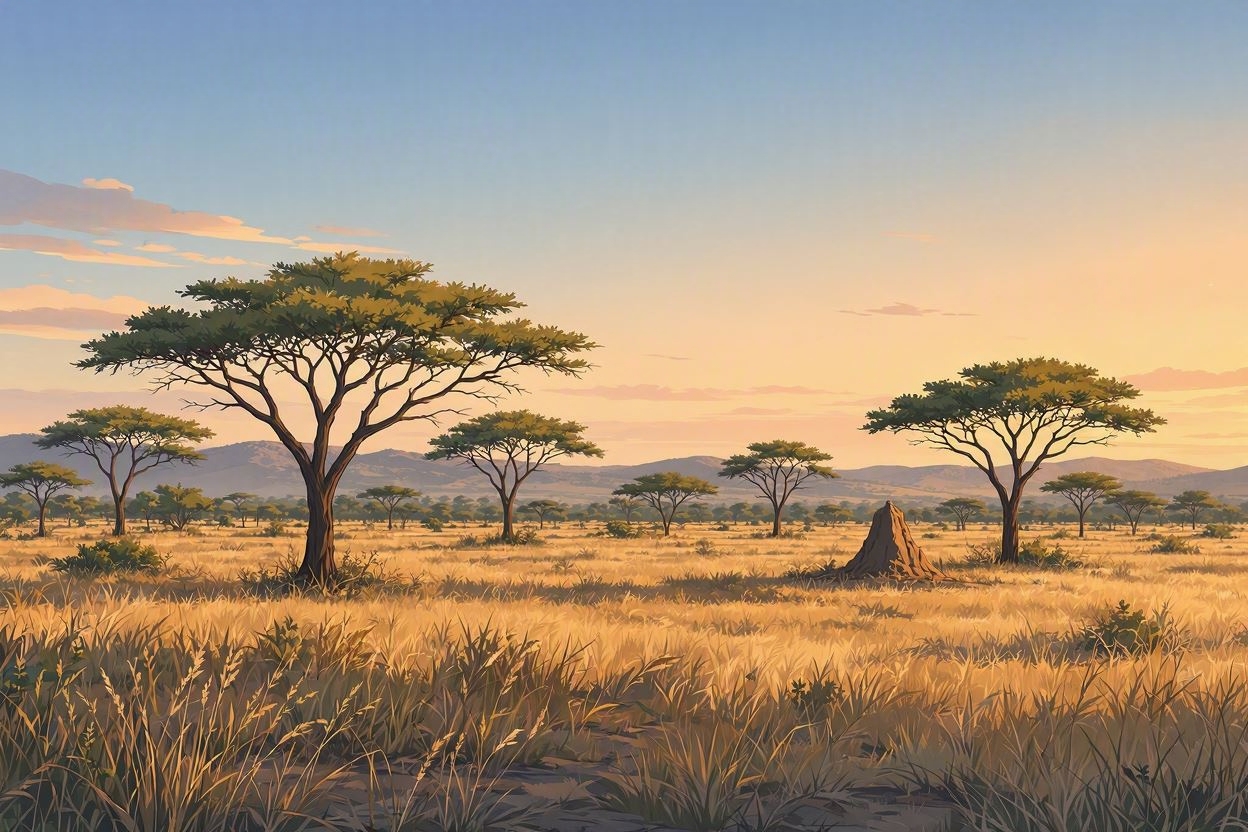 夕焼けの草原にアカシアの木が並ぶ風景