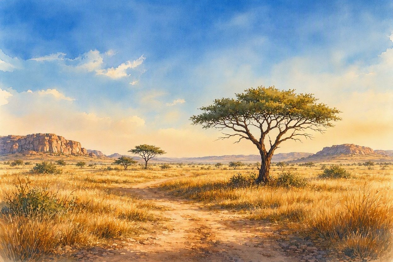 草原の道とアカシア樹の風景