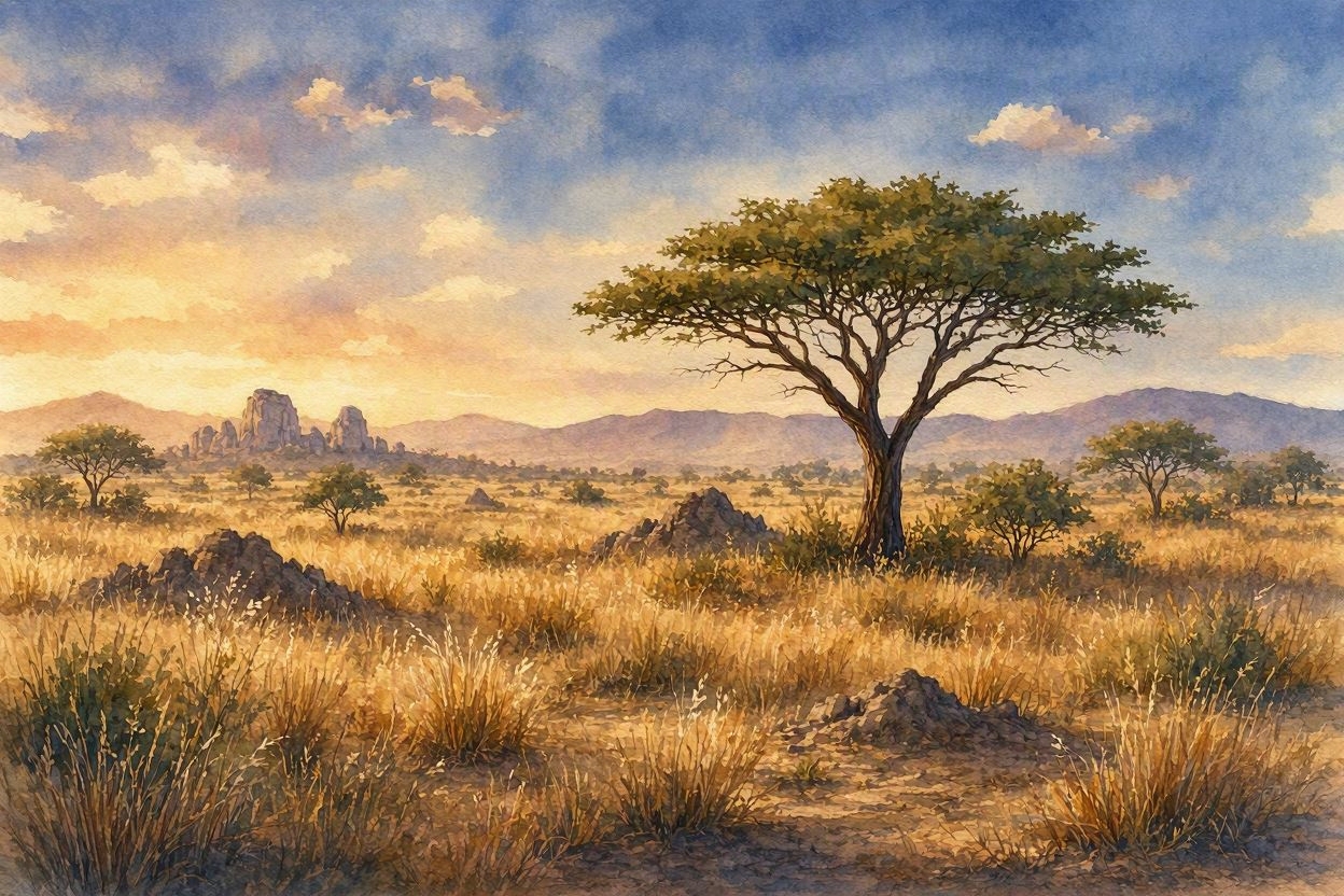 夕焼けの草原にアカシア樹が立つ風景