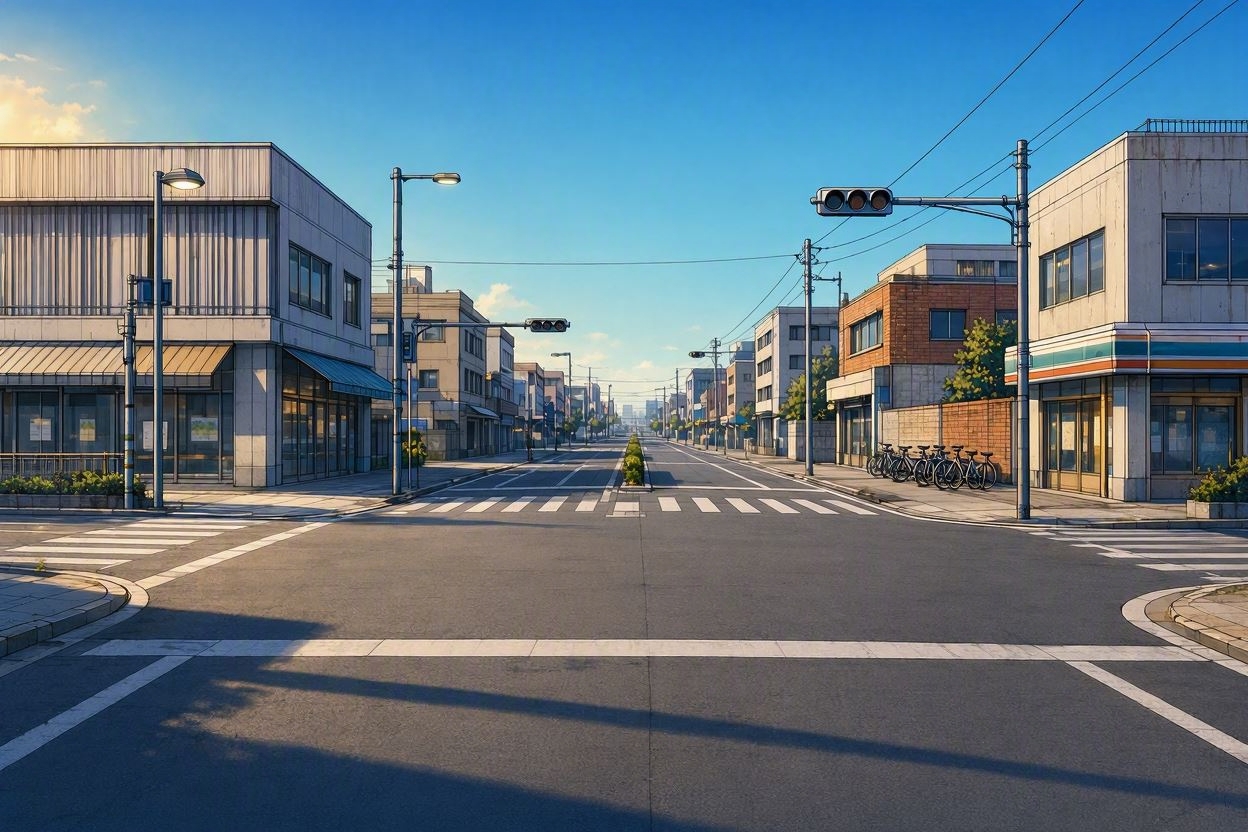 晴れた日の空と道路、交差点の自転車