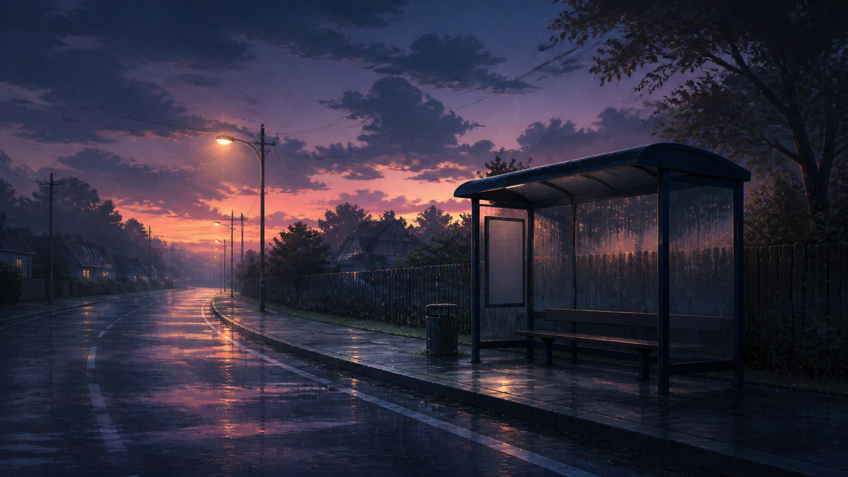 道路・バス停・空の背景素材