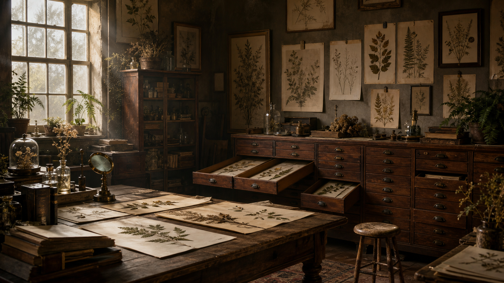 部屋・植物標本・書架の背景素材