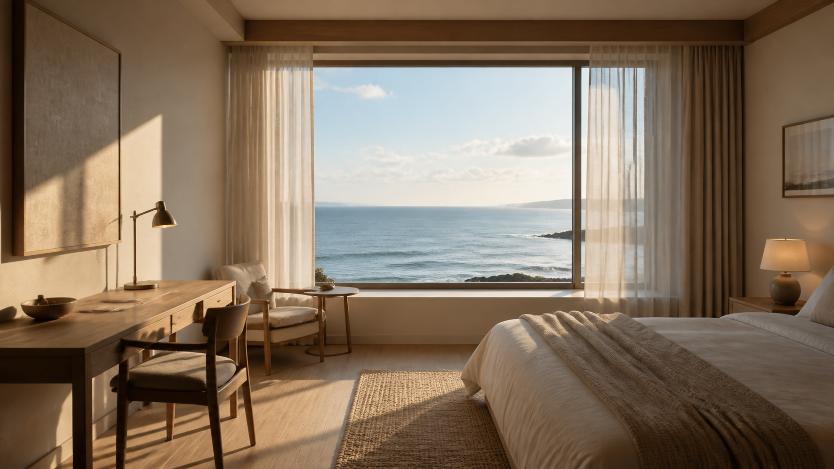 部屋・海・ベッドの背景素材