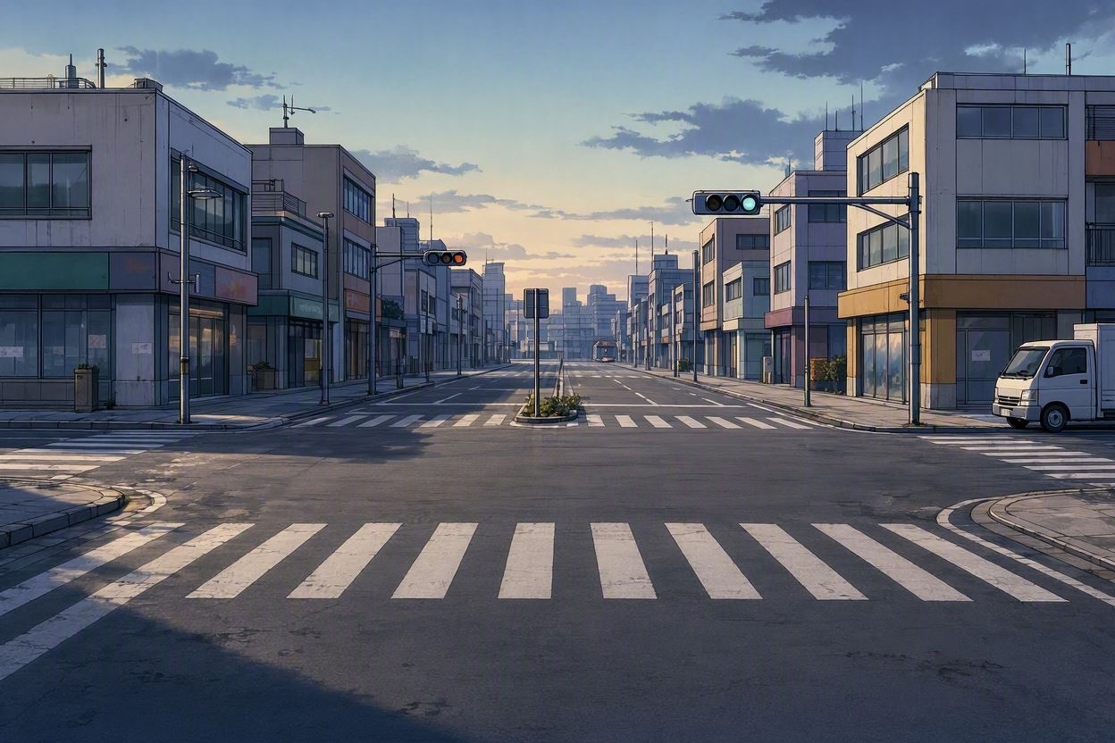 空き街の交差点の夕暮れ時