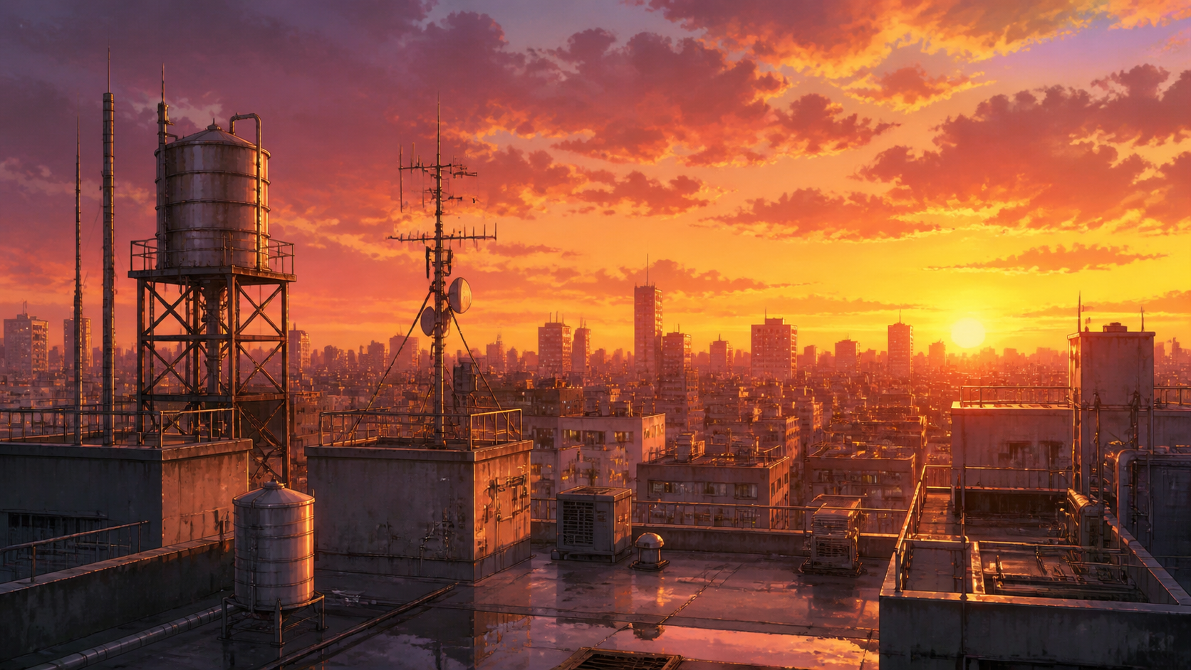 夕焼けの空と都市の屋上
