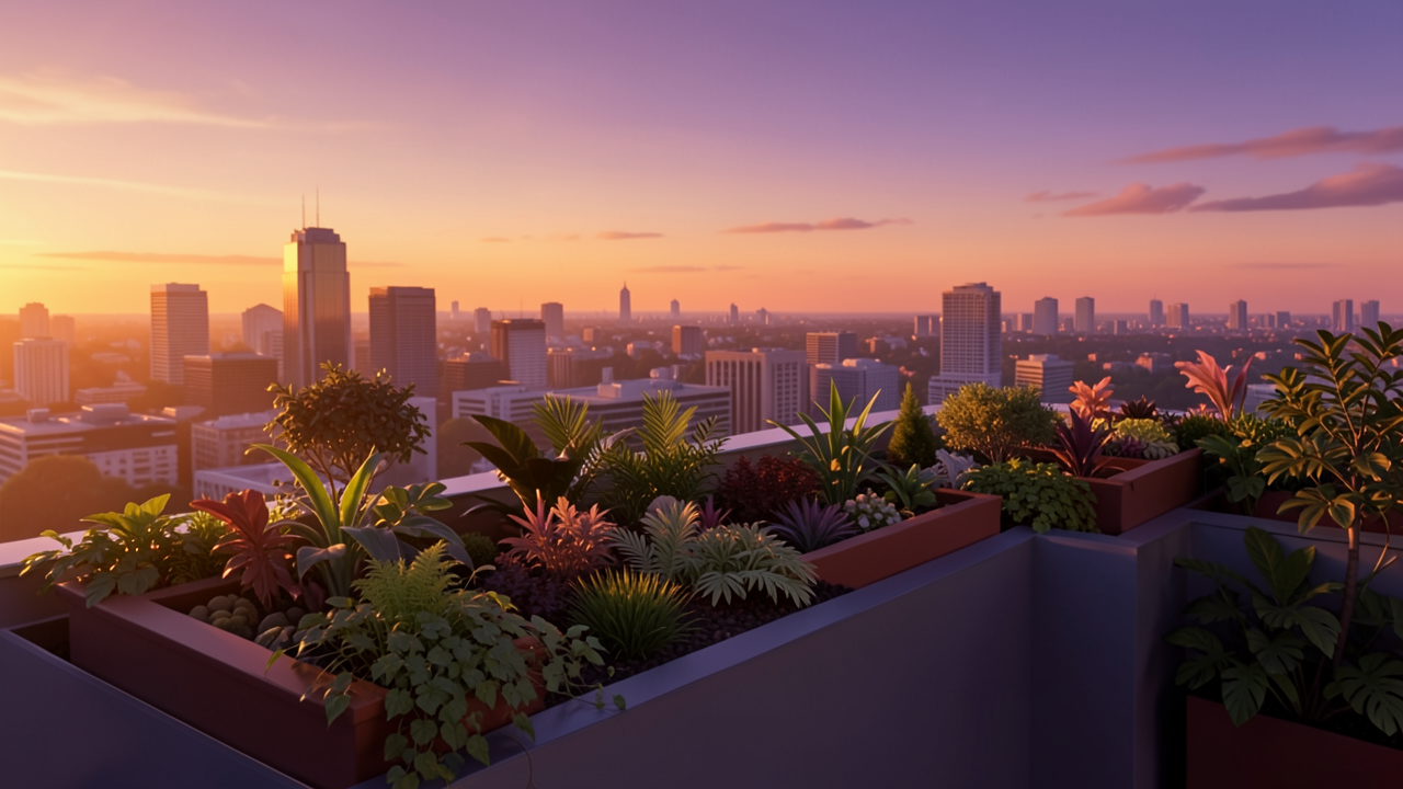夕焼けの空の下、都市の高層ビル群を背景にした屋上庭園