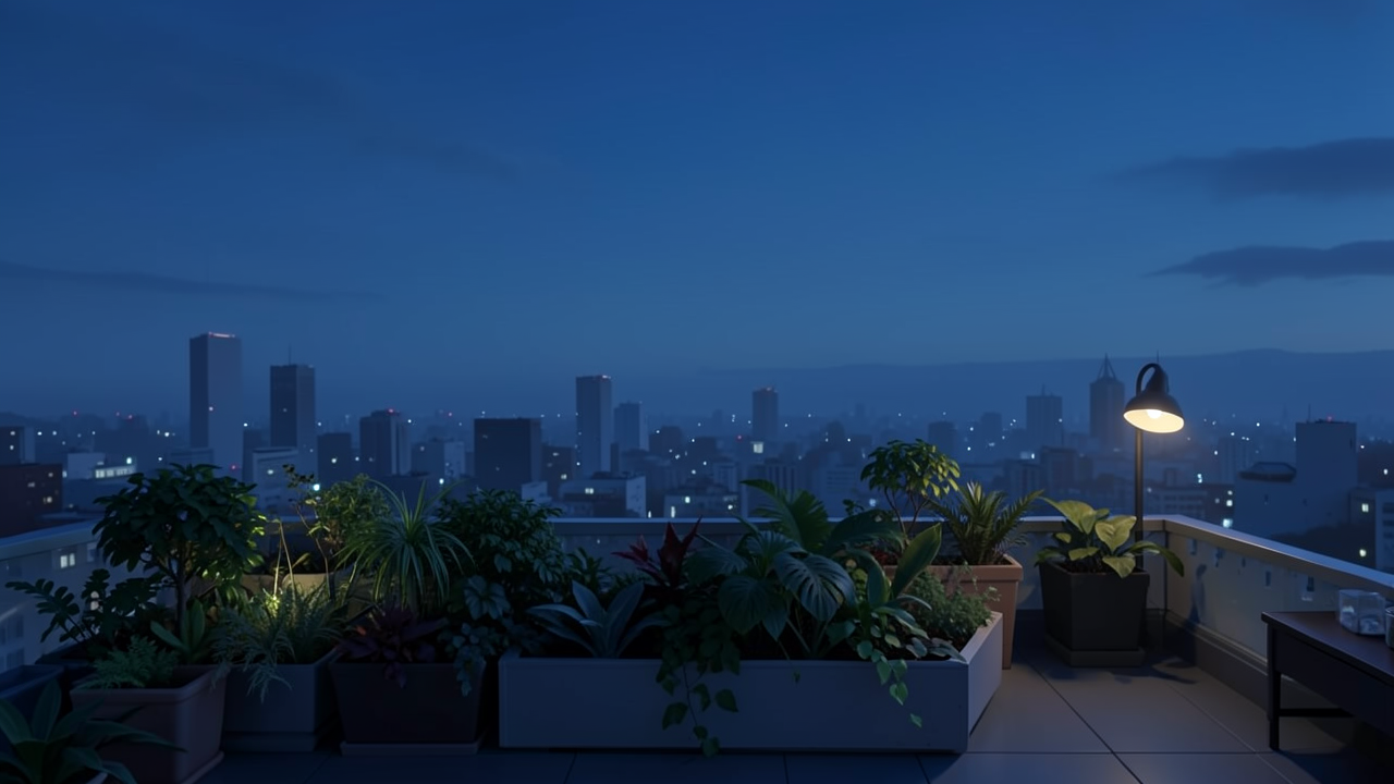 夜の都市を望む屋上庭園の植物と照明