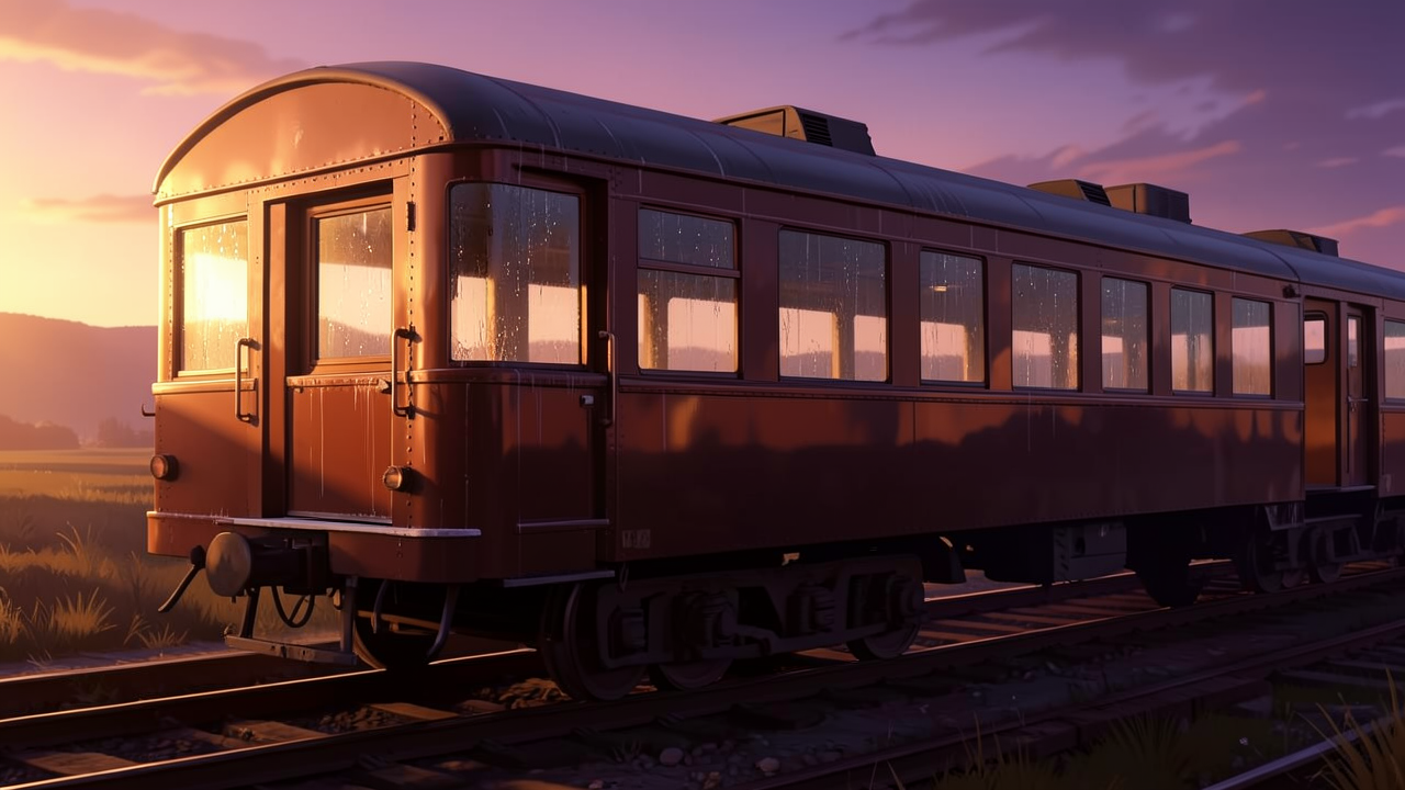 夕焼けの光が差し込む鉄道車両