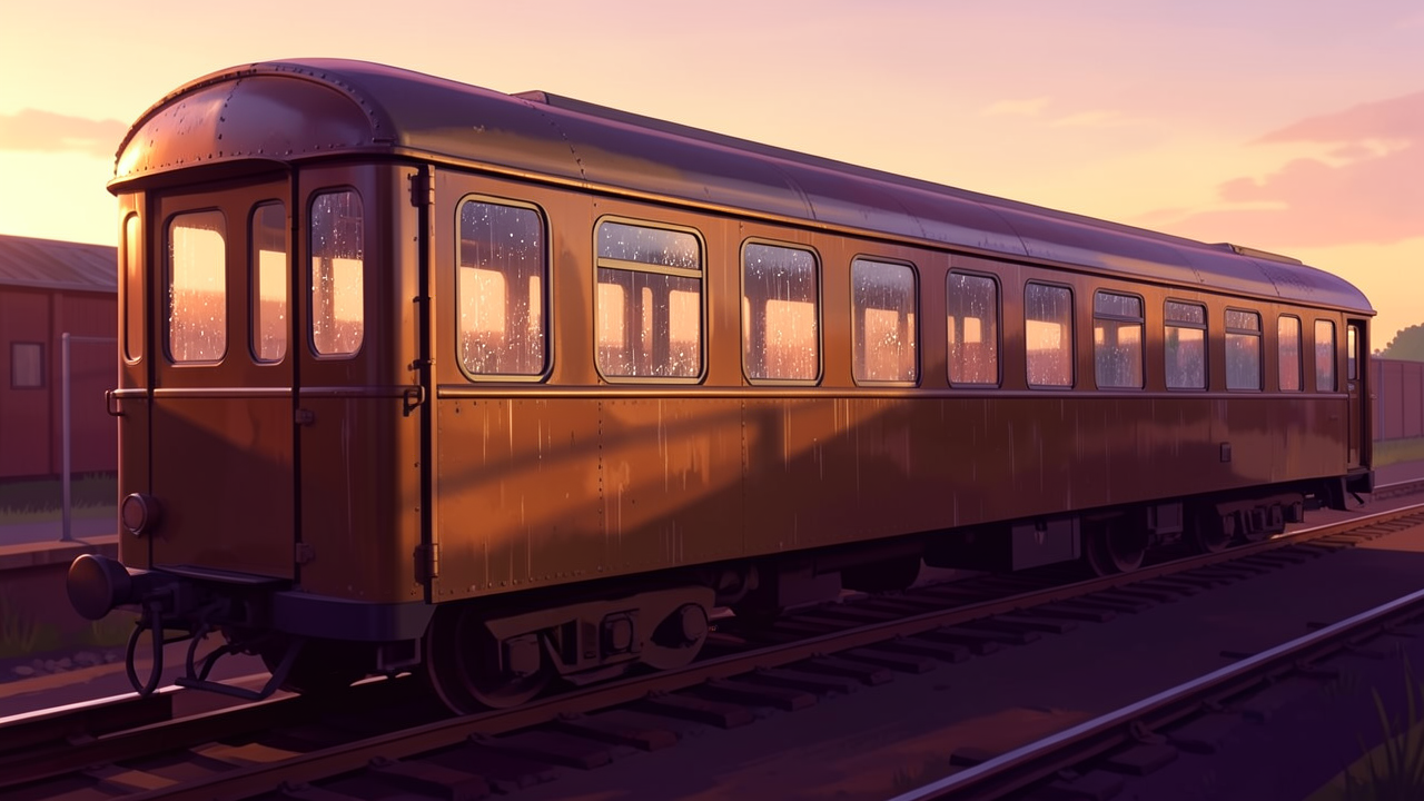 夕焼けの光が差し込む鉄道車両の側面
