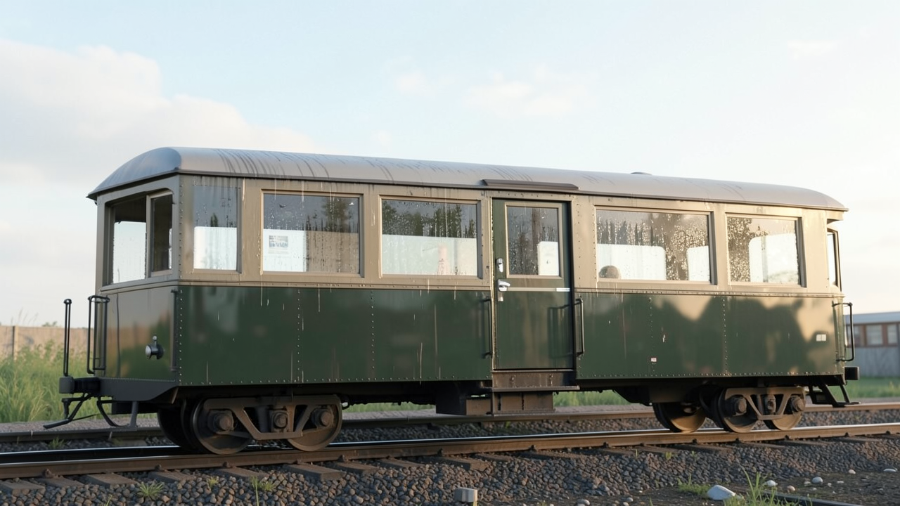 緑色の鉄道車両が線路上に停車