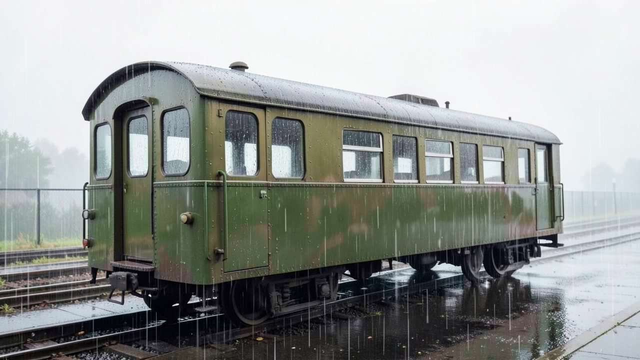 雨が降る鉄道線上に停車している緑色の電車車両