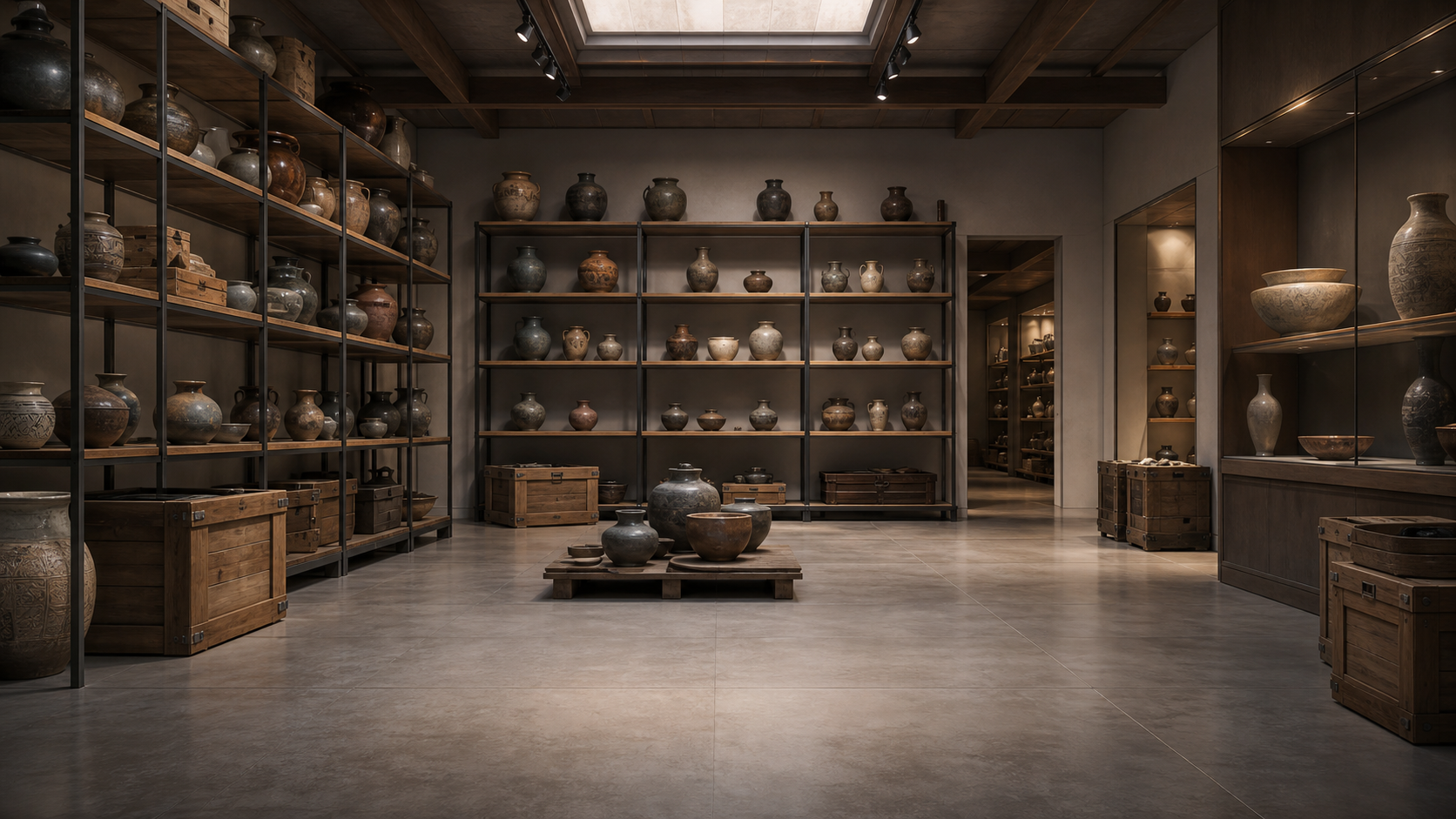 陶器が多数展示された博物館の展示室