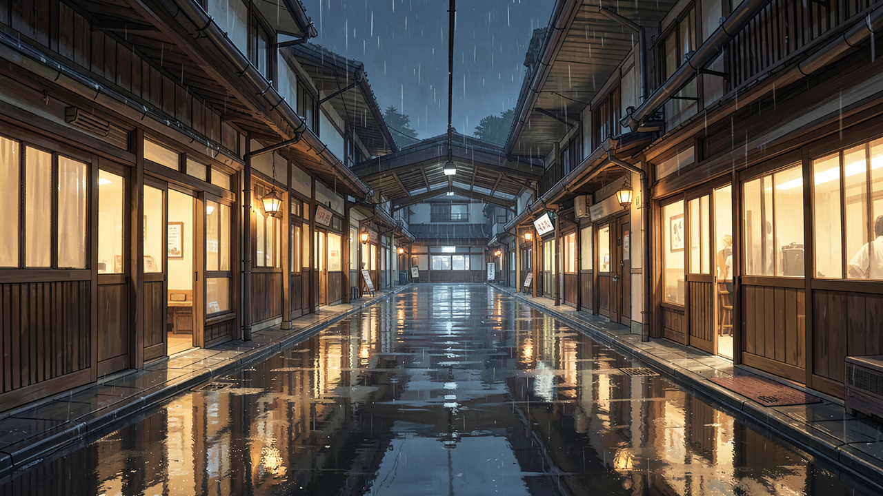 雨が降る夜の木造町並み