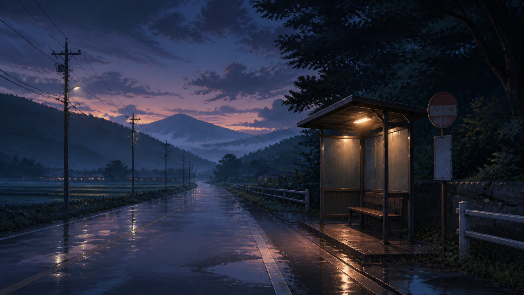 雨上がりの道路とバス停の夕暮れ