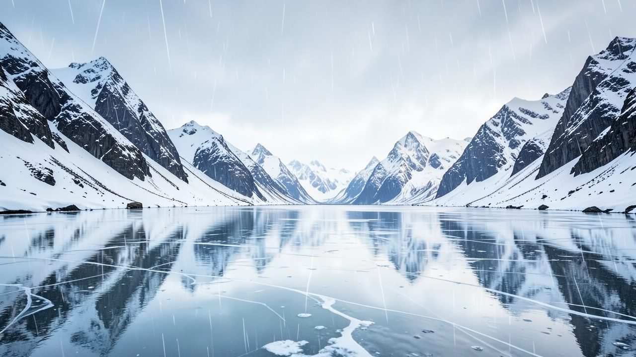 雪の山々と氷の湖の反射