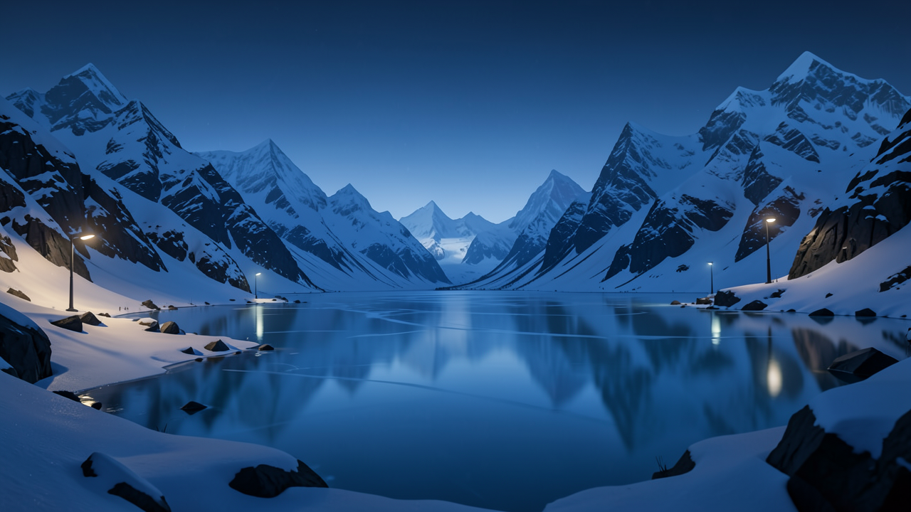 雪の山々と氷結した湖の夜景