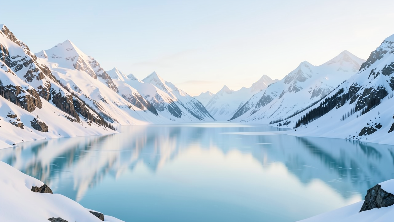 雪の山々と鏡湖の反射