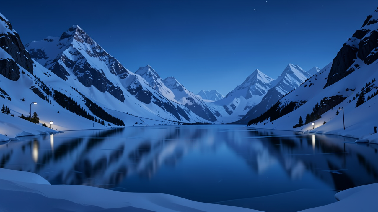 雪に覆われた山々と静かな湖の夜景