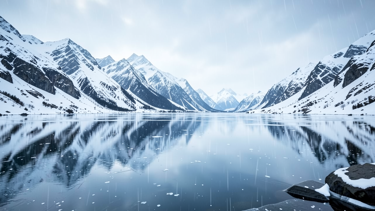 雪の山々が鏡湖に映る冬の風景