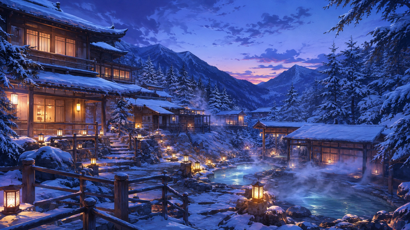 雪景色の中、温泉の湯と暖かい灯りが映える夜景