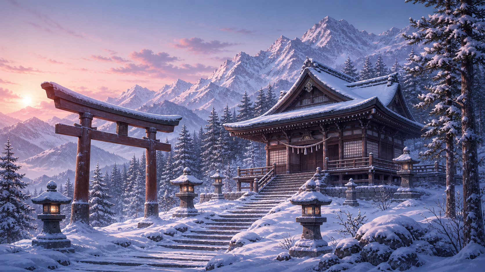 雪景色の神社と山々