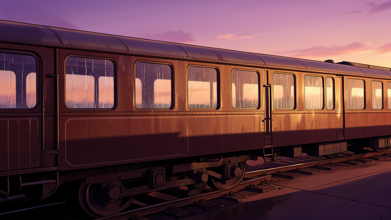 夕焼けの空を背景にした電車の側面