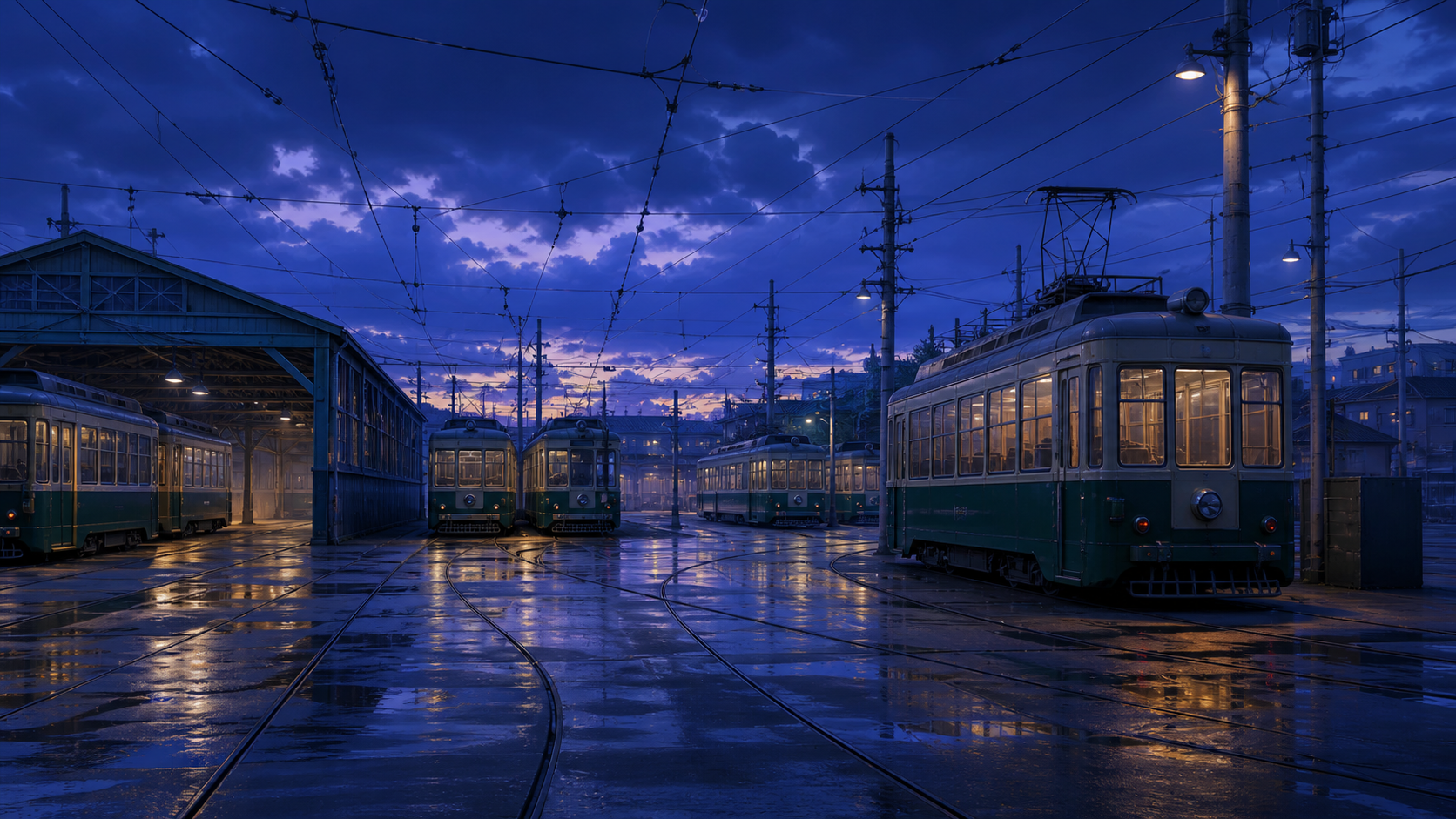 夜の電車置き場の風景