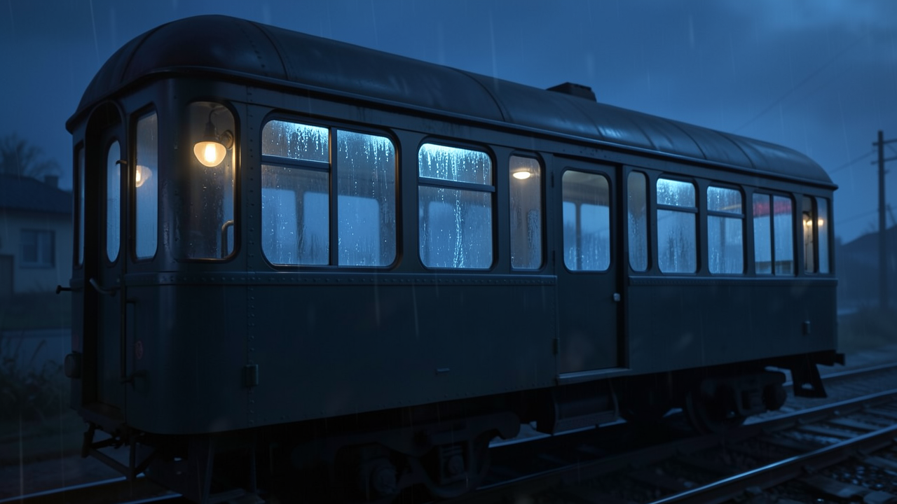 雨が降る夜の電車の側面