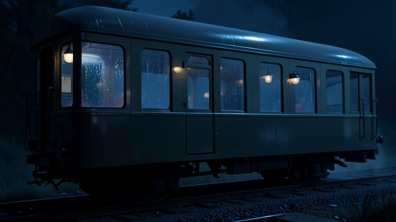 雨の夜、線路に停車した電車車両の側面