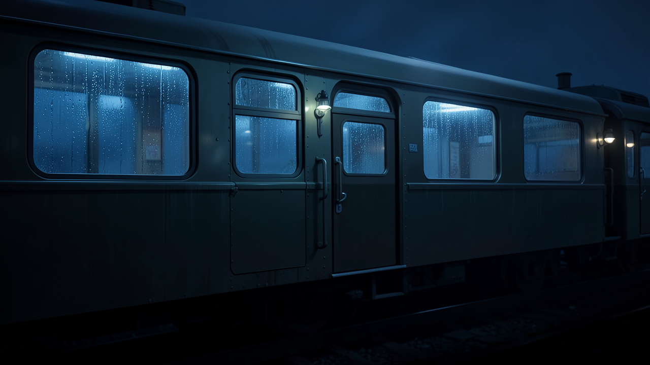 雨の夜、明かりが漏れる電車の側面