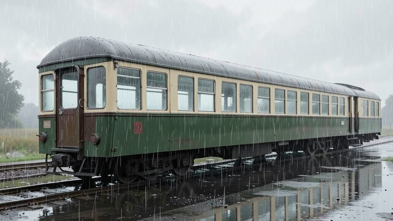 雨が降る中、緑色の電車が線路上に停車
