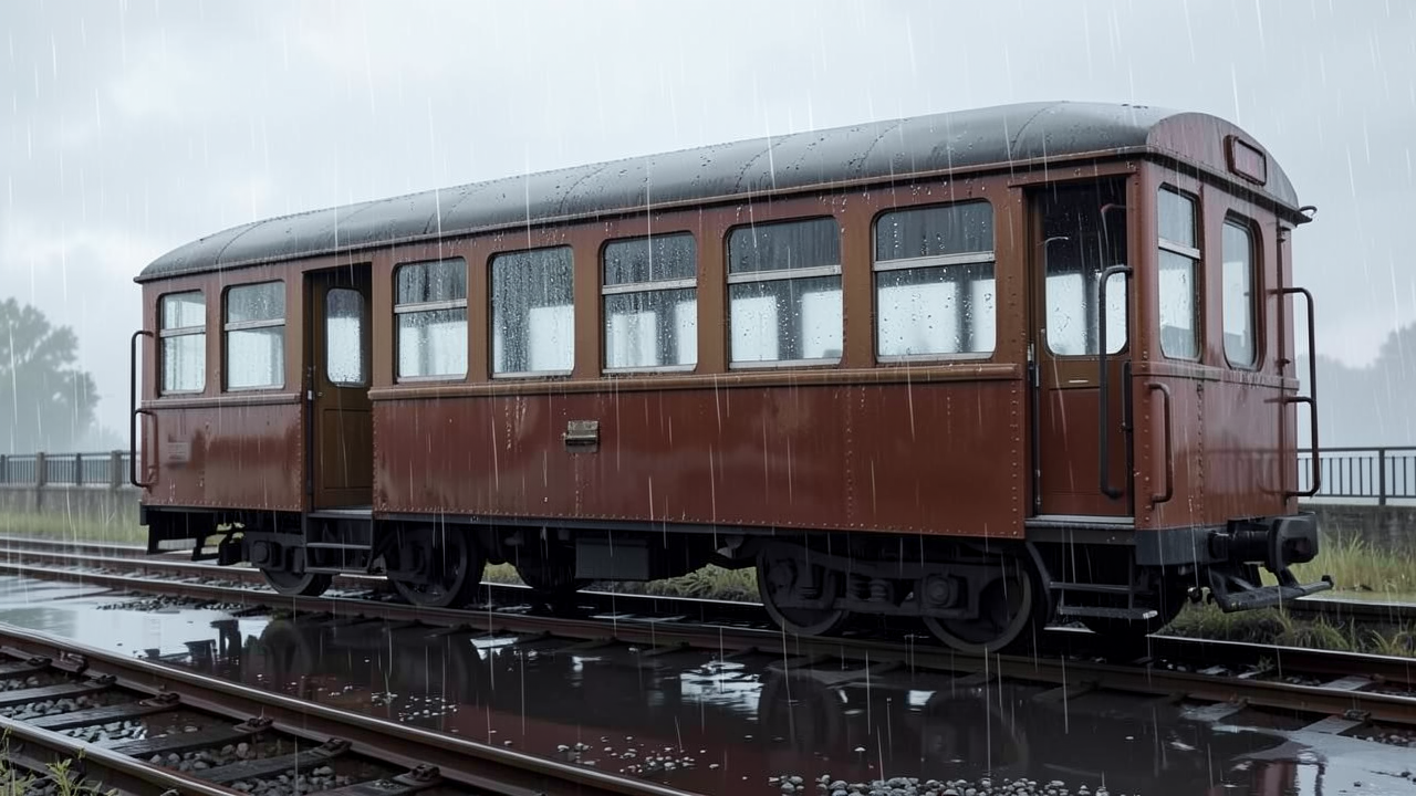 雨の中の赤い電車車両
