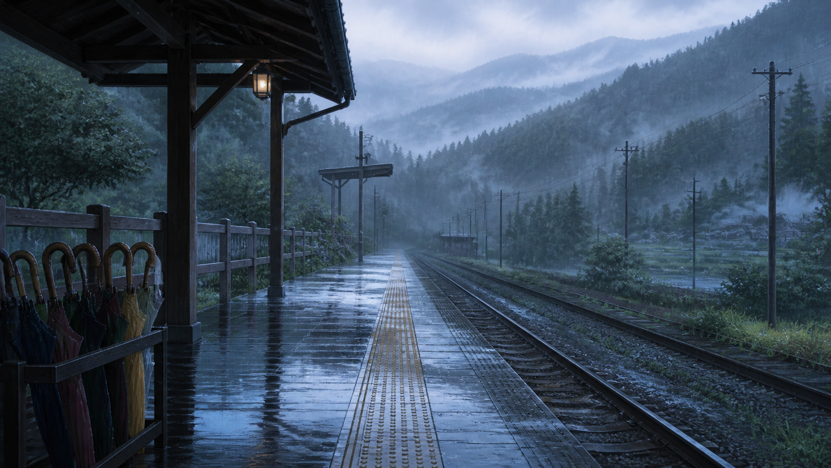 雨の日、駅のホームに並んだ傘と鉄道