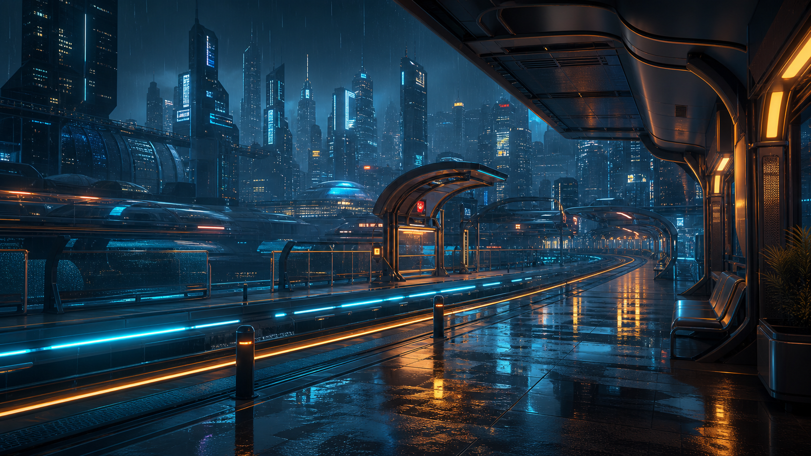 駅・雨・都市の背景素材