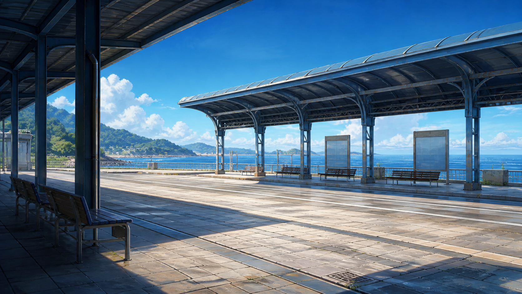 海辺の駅ホームの日差しと青空