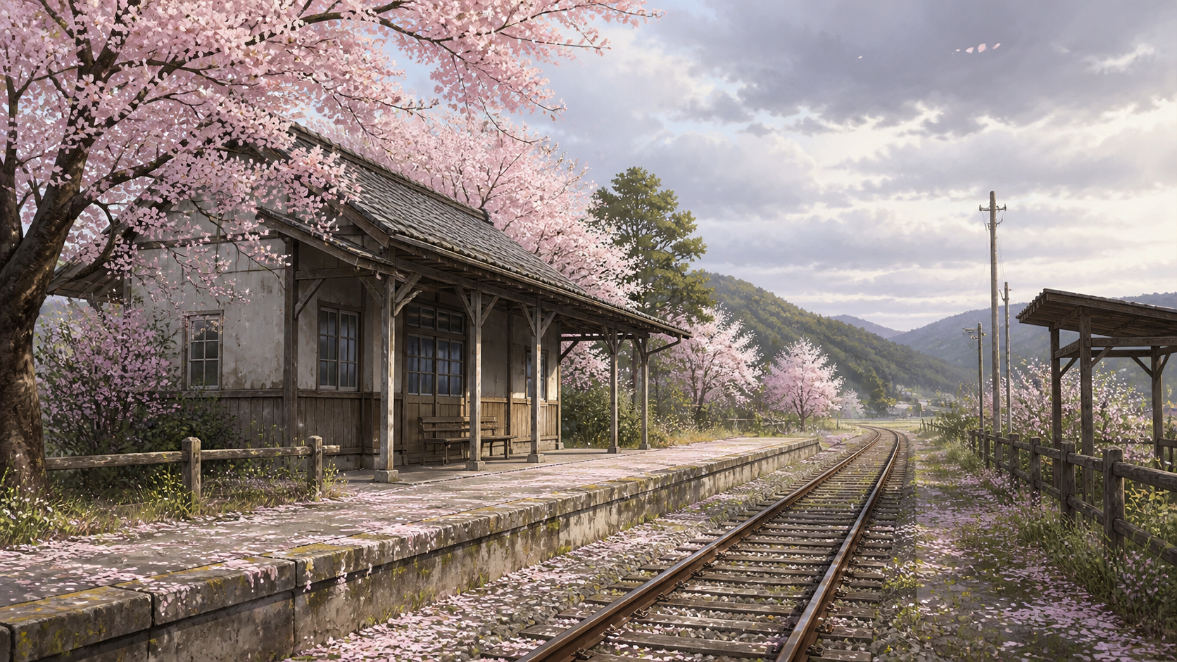 駅舎・桜・鉄道の背景素材