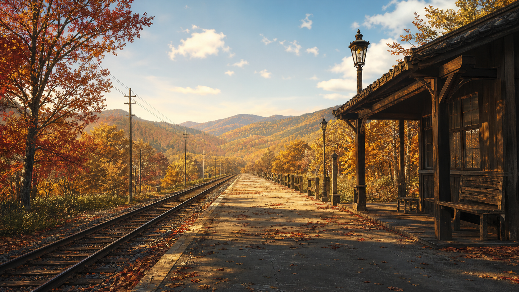 秋の山間駅のプラットフォーム