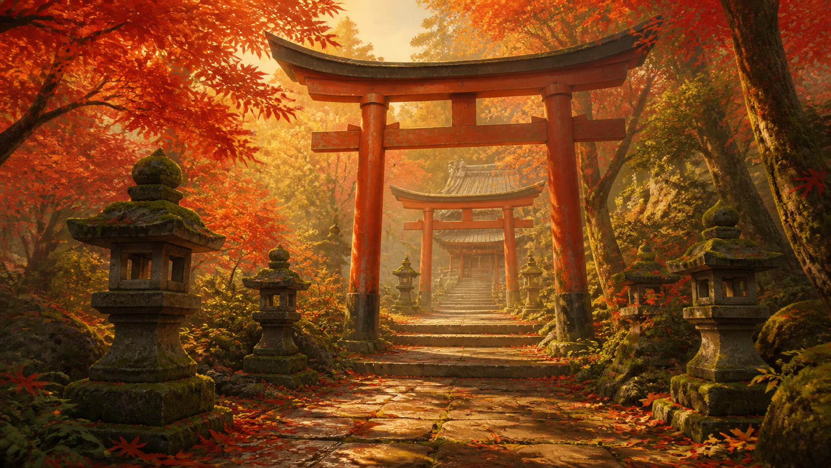 鳥居・紅葉・石灯籠の背景素材